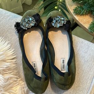 MIU MIU ballerinas flats in green suede with crystals and bow
